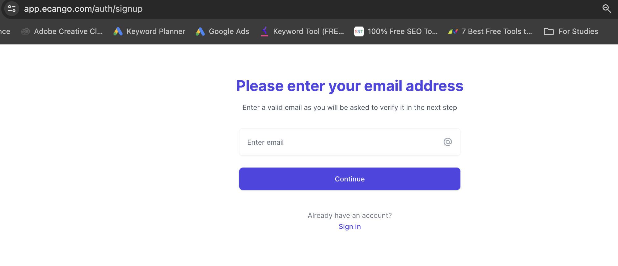 A screenshot of ecango app sign up.